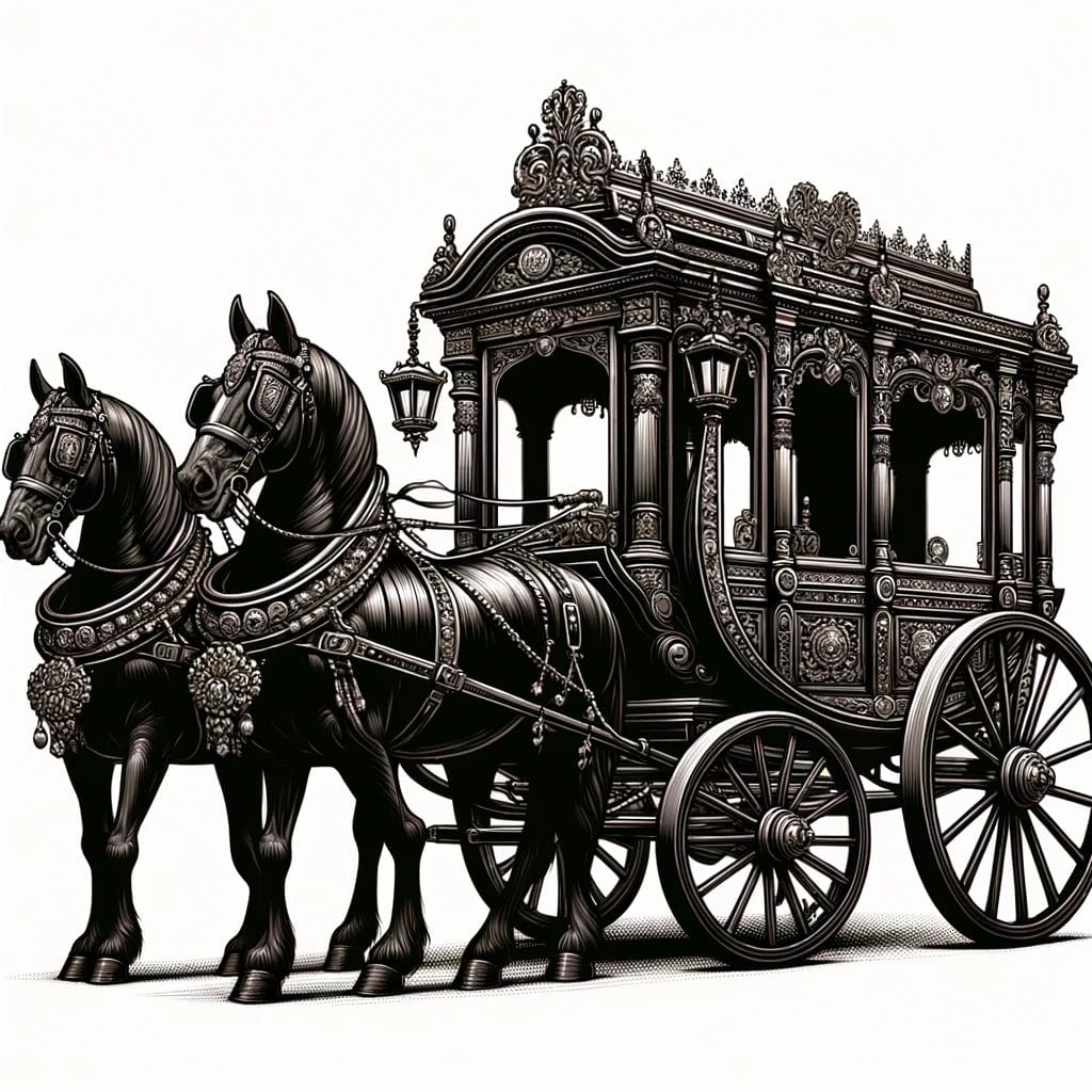 Smukt dekoreret hestetrukken vogn med to sorte heste