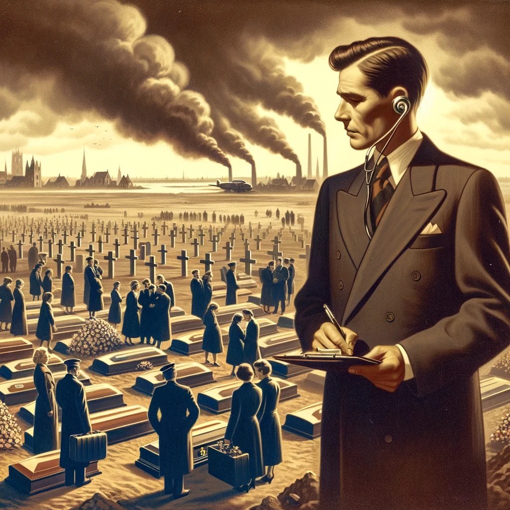 Mand noterer ved kirkegård under røgfyldt himmel